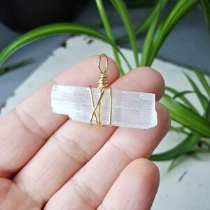 White Selenite Crystal Pendant with Gold Wire Wrap